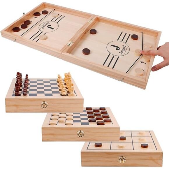 Wooden Fast Sling Puck Set Kids and Adults, Chess, Checkers, Tic Tac Toe Games - Picture 6 of 6